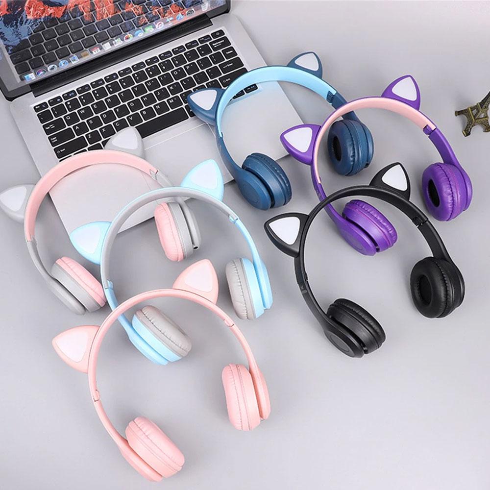 Бездротові Bluetooth навушники з котячими вушками та підсвічуванням Cat Miu Star P47 Фіолетові / Дитячі навушники