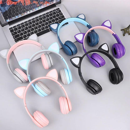 Бездротові Bluetooth навушники з котячими вушками та підсвічуванням Cat Miu Star P47 Рожеві / Дитячі навушники