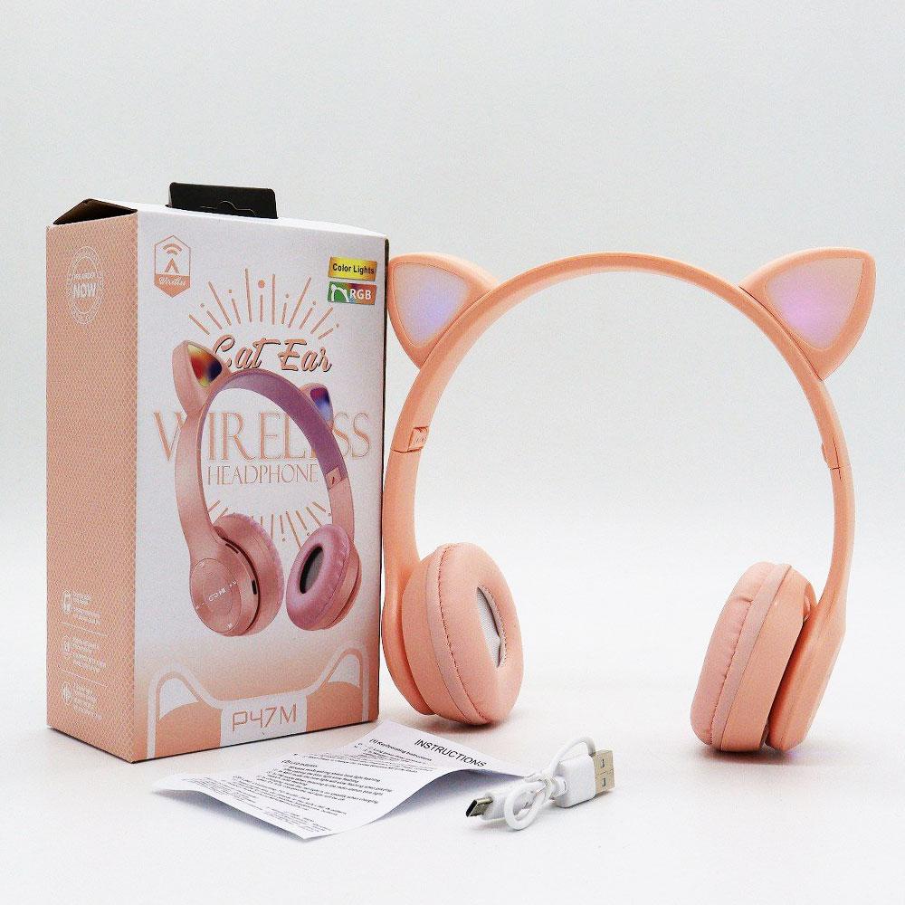 Бездротові Bluetooth навушники з котячими вушками та підсвічуванням Cat Miu Star P47 Рожеві / Дитячі навушники