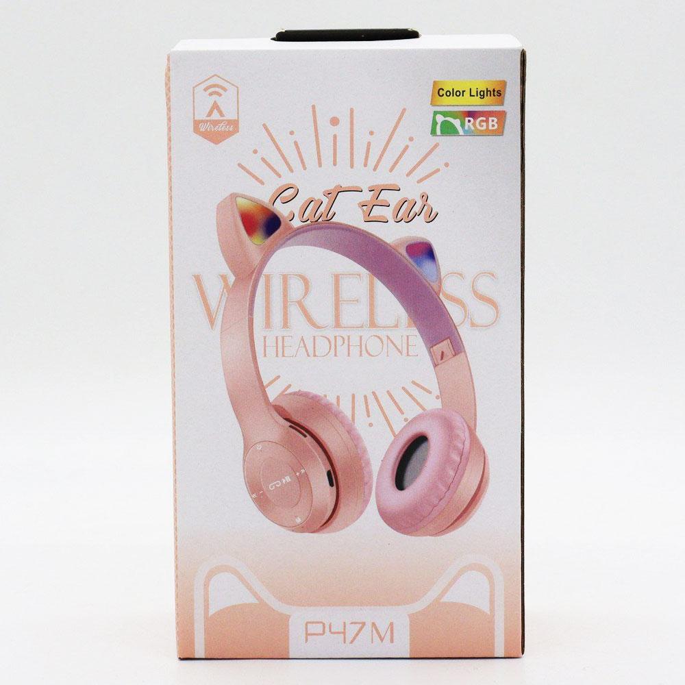 Бездротові Bluetooth навушники з котячими вушками та підсвічуванням Cat Miu Star P47 Рожеві / Дитячі навушники