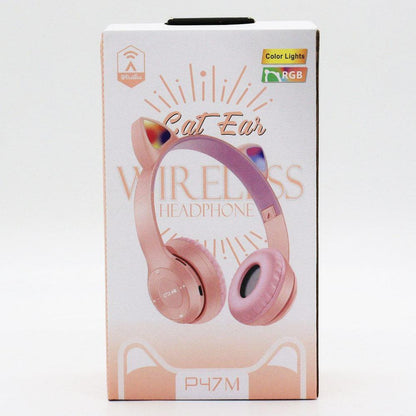Бездротові Bluetooth навушники з котячими вушками та підсвічуванням Cat Miu Star P47 Рожеві / Дитячі навушники