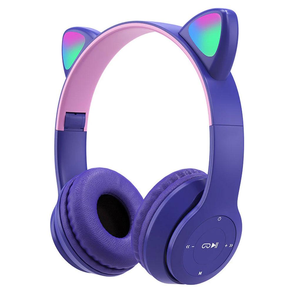 Бездротові Bluetooth навушники з котячими вушками та підсвічуванням Cat Miu Star P47 Фіолетові / Дитячі навушники