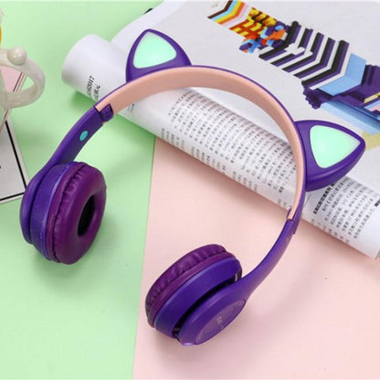 Бездротові Bluetooth навушники з котячими вушками та підсвічуванням Cat Miu Star P47 Фіолетові / Дитячі навушники