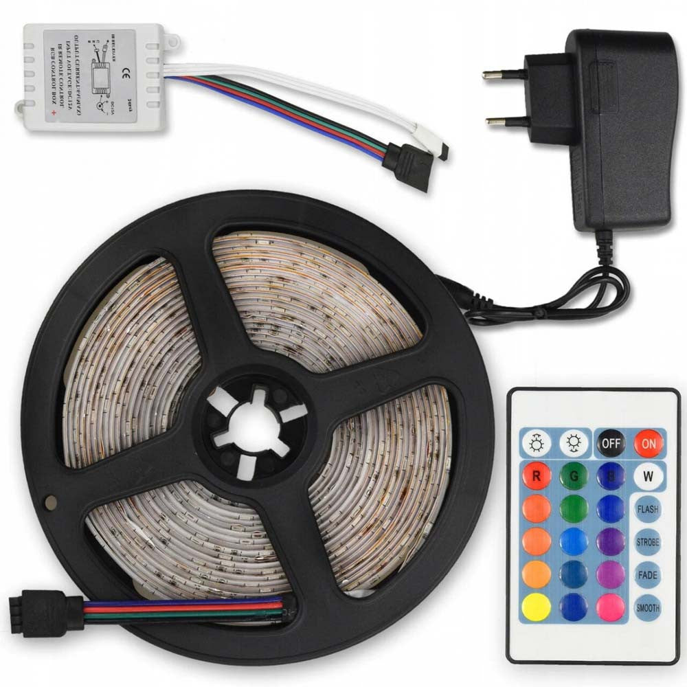 Світлодіодна стрічка на 5м, з пультом та блоком 3528, від мережі / Багатокольорова стрічка RGB / Гнучка підсвітка