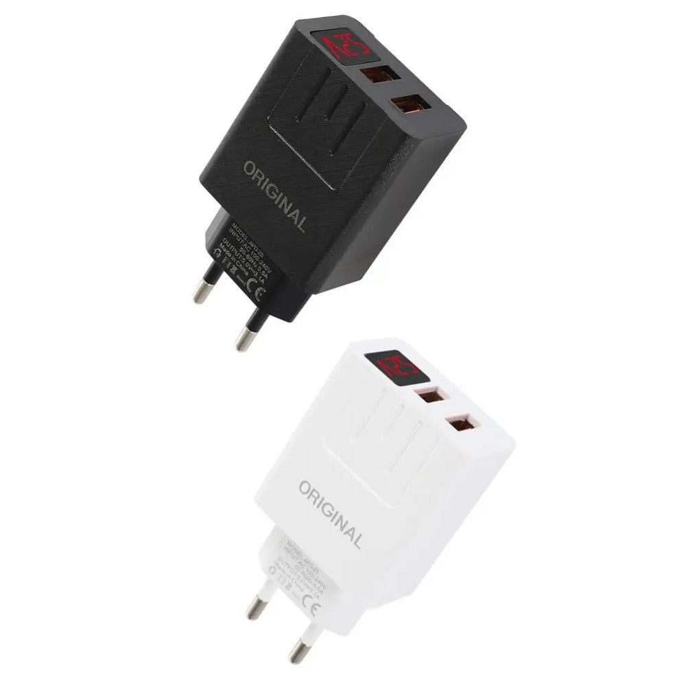 Зарядний пристрій адаптер на 2 USB та LED дисплеєм, 220В, QC03 5740, Чорний / Швидка зарядка для телефону
