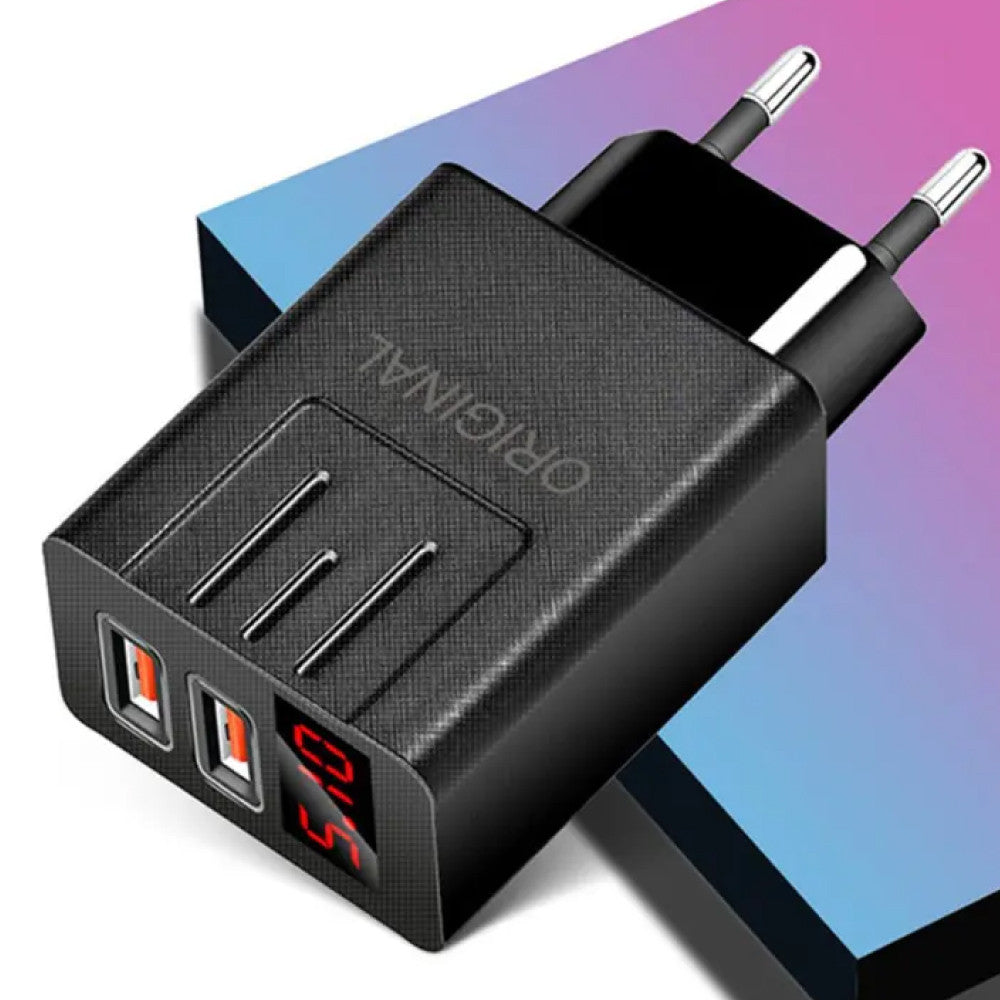 Зарядний пристрій адаптер на 2 USB та LED дисплеєм, 220В, QC03 5740, Чорний / Швидка зарядка для телефону