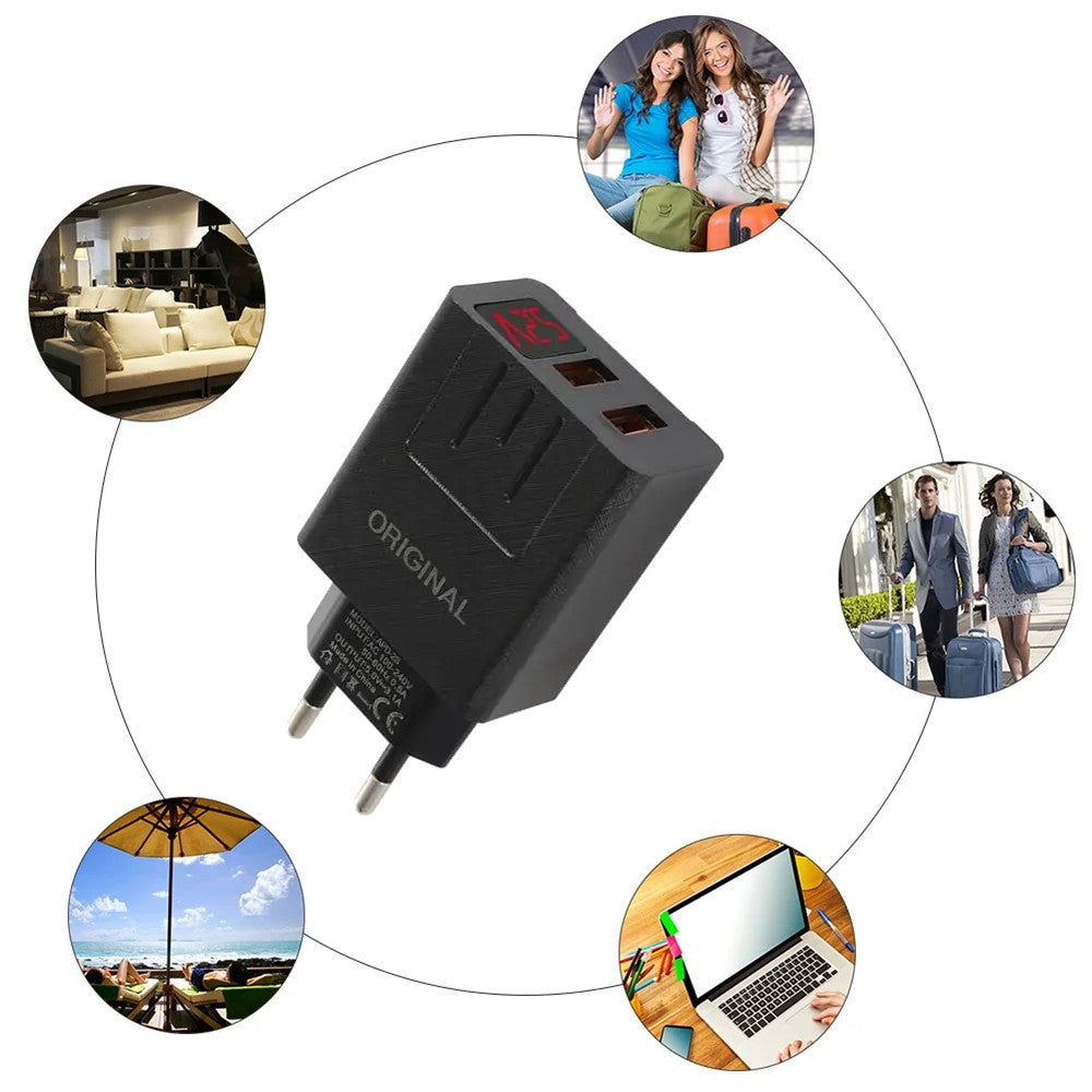 Зарядний пристрій адаптер на 2 USB та LED дисплеєм, 220В, QC03 5740, Чорний / Швидка зарядка для телефону