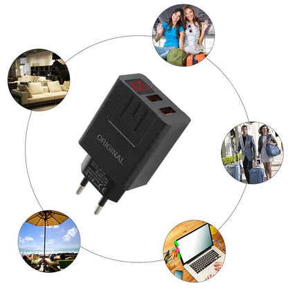 Зарядний пристрій адаптер на 2 USB та LED дисплеєм, 220В, QC03 5740, Чорний / Швидка зарядка для телефону