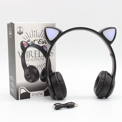 Бездротові Bluetooth навушники з котячими вушками та підсвічуванням Cat Miu Star P47 Чорний / Дитячі навушники
