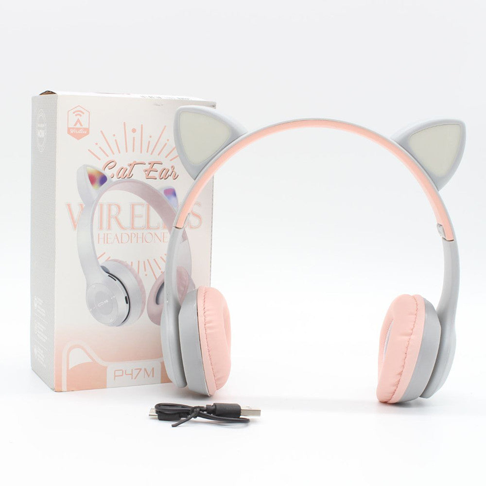 Бездротові Bluetooth навушники з котячими вушками та підсвічуванням Cat Miu Star P47 Сірий / Дитячі навушники
