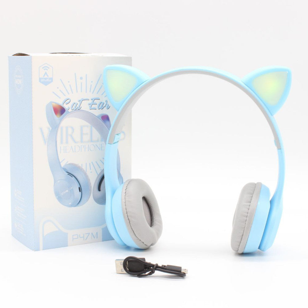 Бездротові Bluetooth навушники з котячими вушками та підсвічуванням Cat Miu Star P47 Блакитний / Дитячі навушники