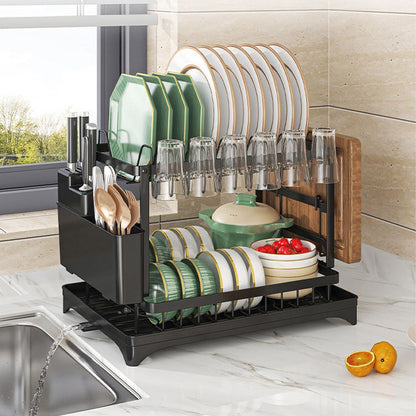 Двоярусна сушарка з автоматичним зливом + піддон та кошик, (42х33х29см), JYG 505VENH7 / Настільний органайзер для посуду