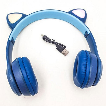 Бездротові Bluetooth навушники з котячими вушками та підсвічуванням Cat Miu Star P47 Сині / Дитячі навушники