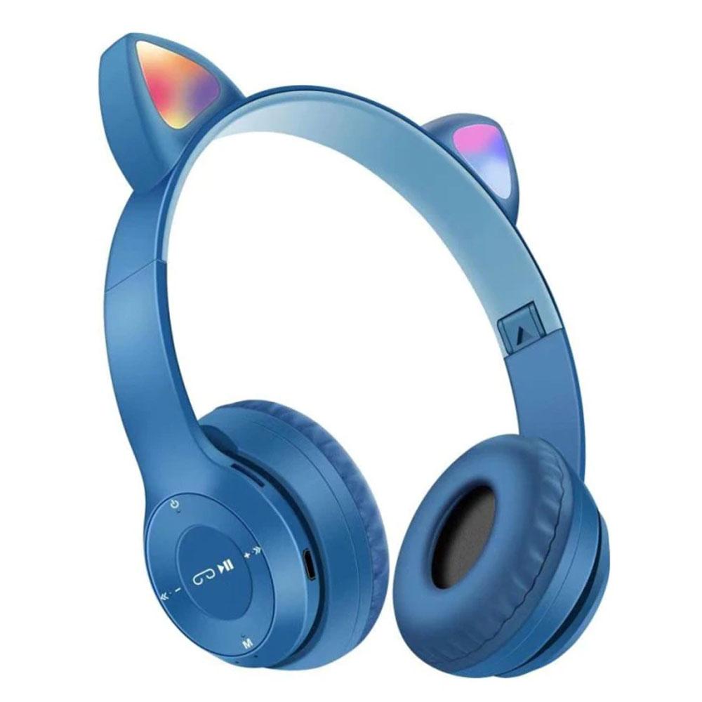 Бездротові Bluetooth навушники з котячими вушками та підсвічуванням Cat Miu Star P47 Сині / Дитячі навушники