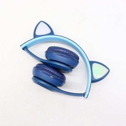 Бездротові Bluetooth навушники з котячими вушками та підсвічуванням Cat Miu Star P47 Сині / Дитячі навушники