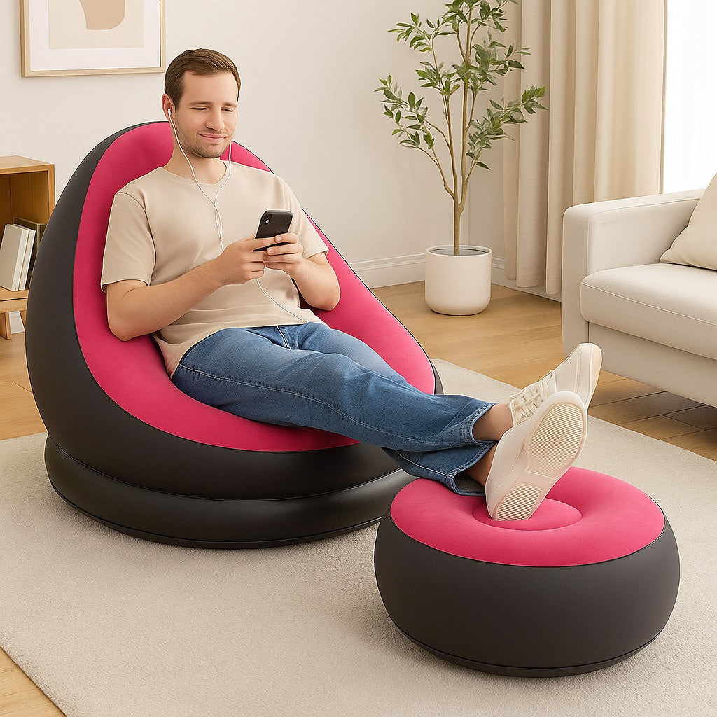 Надувний диван з пуфом Air Sofa - 116х98х83см, Рожевий / Надувне крісло з пуфом