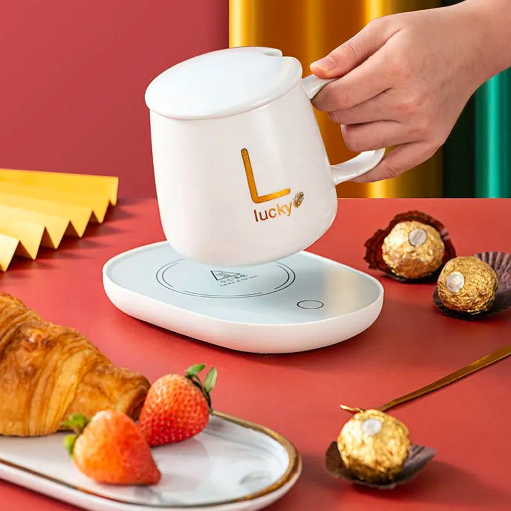 Чашка 400мл на підставці з підігрівом до +55 °С, Біла / Чашка керамічна з ложкою