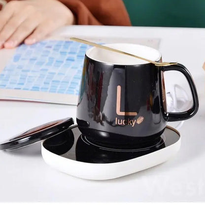 Чашка 400мл на підставці з підігрівом до +55 °С, Чорний / Чашка керамічна з ложкою в подарунковій упаковці