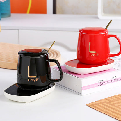 Чашка 400мл на підставці з підігрівом до +55 °С, Чорний / Чашка керамічна з ложкою в подарунковій упаковці