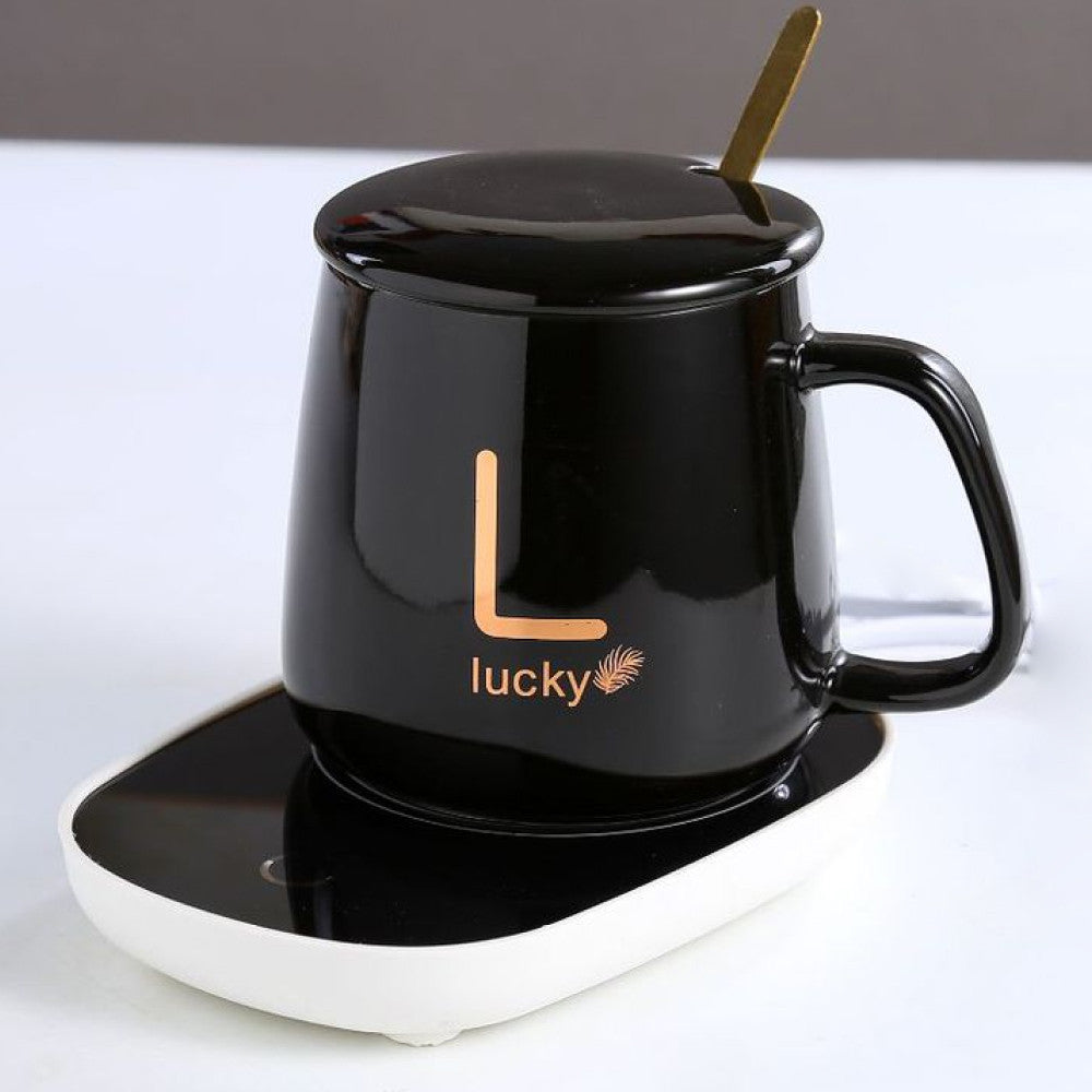 Чашка 400мл на підставці з підігрівом до +55 °С, Чорний / Чашка керамічна з ложкою в подарунковій упаковці