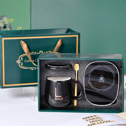 Чашка 400мл на підставці з підігрівом до +55 °С, Чорний / Чашка керамічна з ложкою в подарунковій упаковці