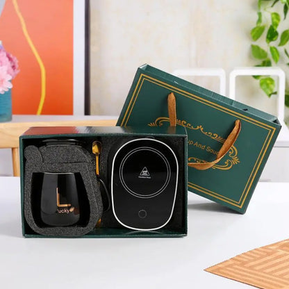 Чашка 400мл на підставці з підігрівом до +55 °С, Чорний / Чашка керамічна з ложкою в подарунковій упаковці