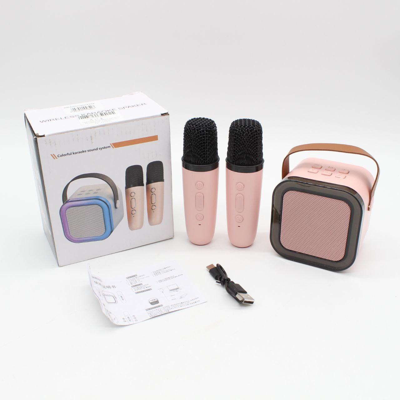 Портативна колонка-караоке з 2 мікрофонами К12, Рожевий / Бездротовий мікрофон з колонкою з підсвічуванням RGB