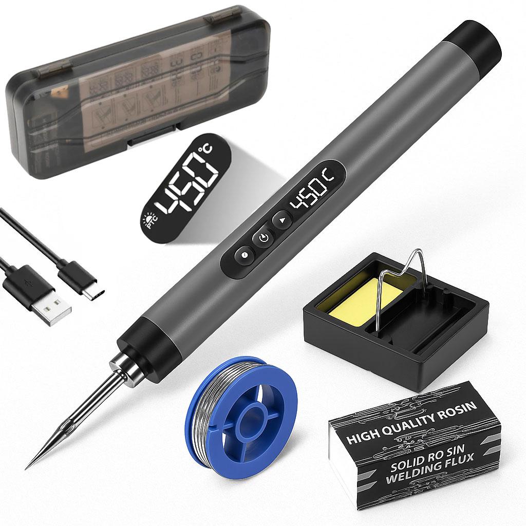 Акумуляторний паяльник з дисплеєм від USB + 3 жала та кейс, C200S G, Чорний / Бездротовий паяльник для мікросхем
