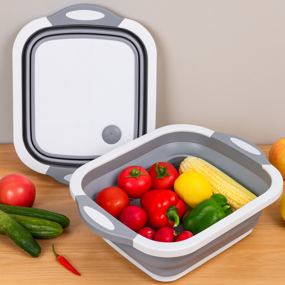 Складна дошка для обробки, з мискою 3 в 1 Chopping Board, Біло-сіра / Дошка кухонна з клапаном для зливу