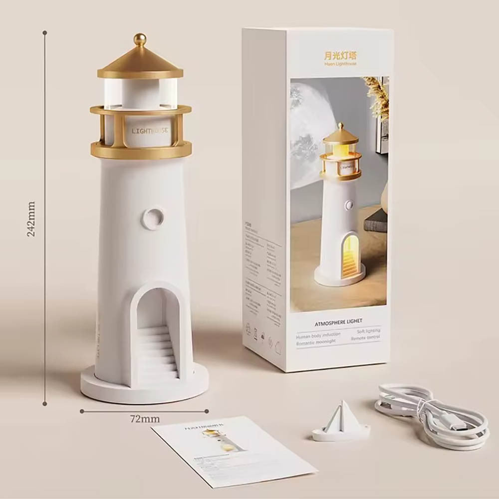 Музичний нічник з проекцією місяця "Маяк", 24.2см, USB, Білий / Нічник маяк з датчиком руху / Проектор нічник