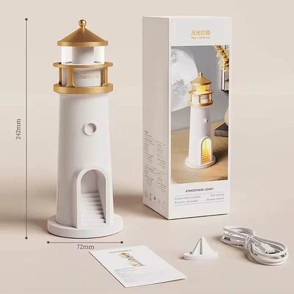 Музичний нічник з проекцією місяця "Маяк", 24.2см, USB, Білий / Нічник маяк з датчиком руху / Проектор нічник