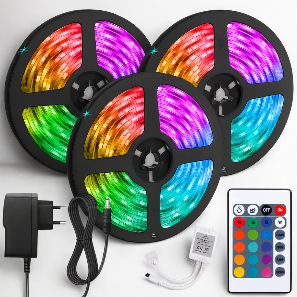 Комплект 3шт LED стрічка RGB, 5м, 12V, 3528, пульт та блок / Світлодіодна стрічка / Підсвічування в кімнату