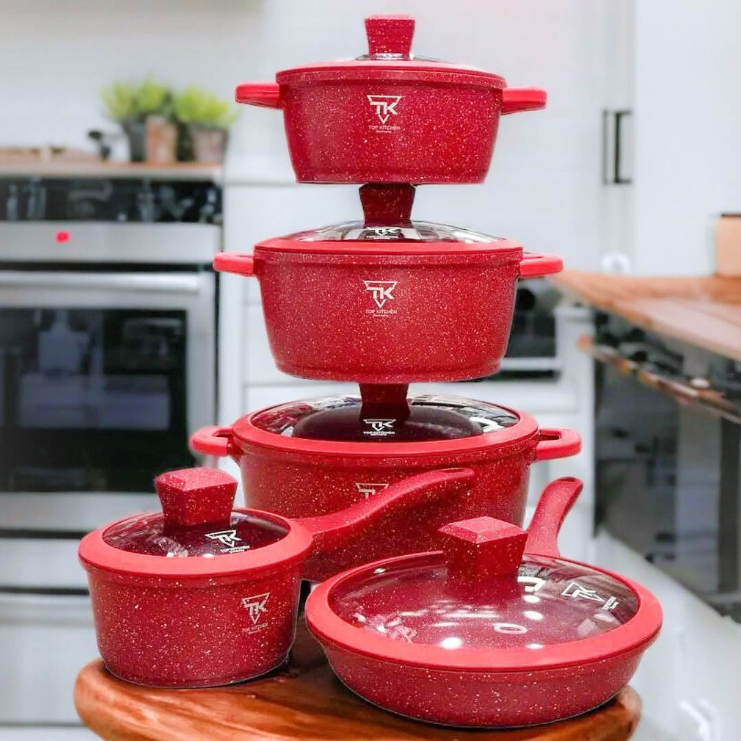 Набір каструль із гранітним покриттям 10 предметів, Top Kitchen TK0005, Червоний / Набір посуду з антипригарним покриттям