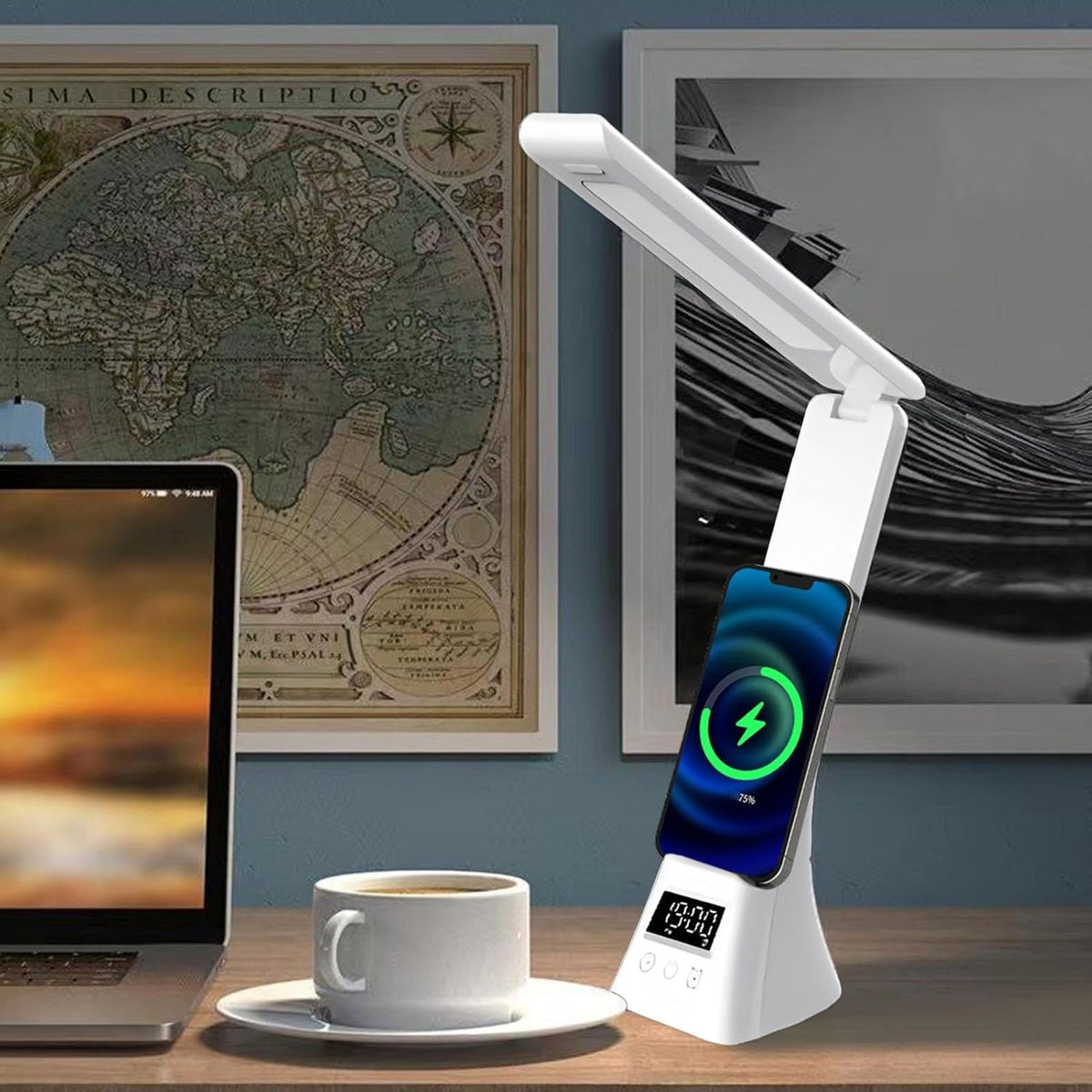 Настільна лампа з годинником і бездротовою зарядкою, USB, TYV-2088, Білий / Складна лампа сенсорна / Світлодіодна лампа