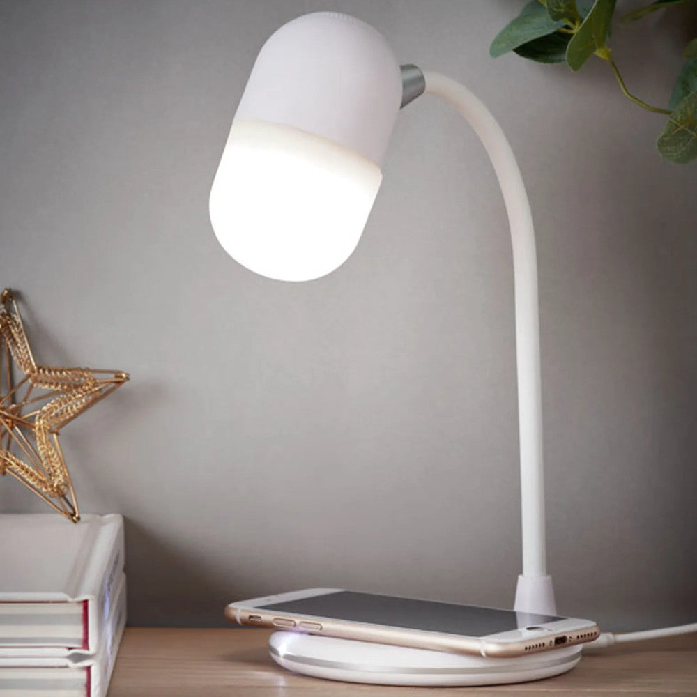 Настільний нічник з бездротовою зарядкою MD-088, від USB, Білий / Гнучка лампа-капсула з Bluetooth колонкою