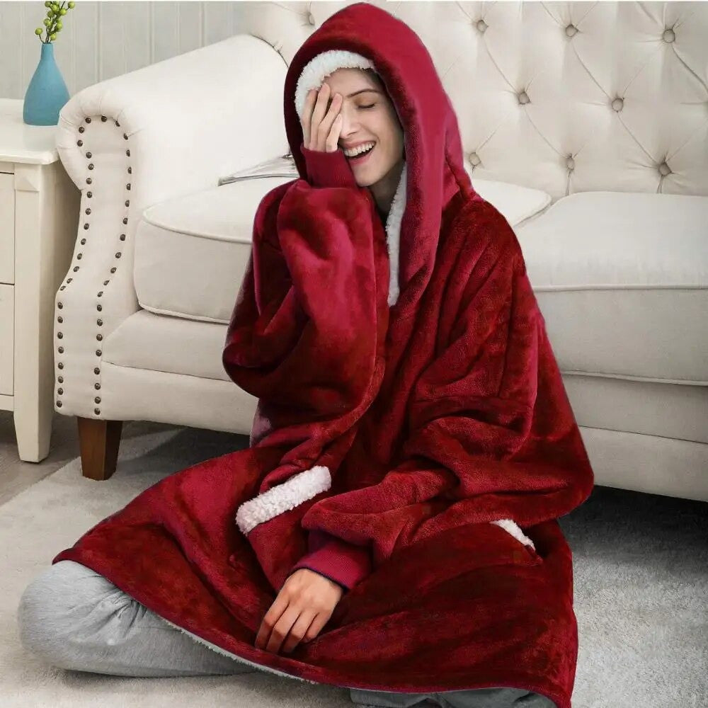 Оверсайз плед-халат з капюшоном 100х80см, Huggle Hoodie, Бордовий / Толстовка худі для дому / Плед з рукавами
