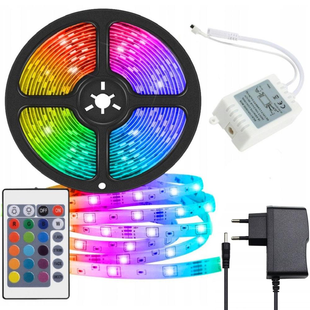 Світлодіодна стрічка на 5м, з пультом та блоком 3528, від мережі / Багатокольорова стрічка RGB / Гнучка підсвітка