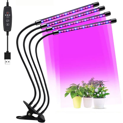 Ультрафіолетова фітолампа з таймером, 4 головки, від USB, 40 Вт / Гнучкий фітосвітильник для рослин
