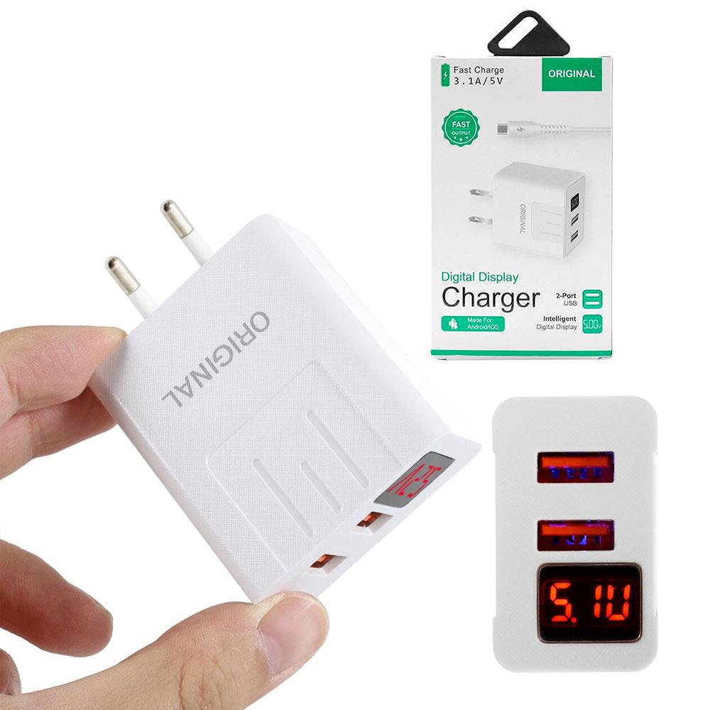 Зарядний пристрій адаптер на 2 USB та LED дисплеєм, 220В,QC03 5740 / Швидка зарядка для телефону
