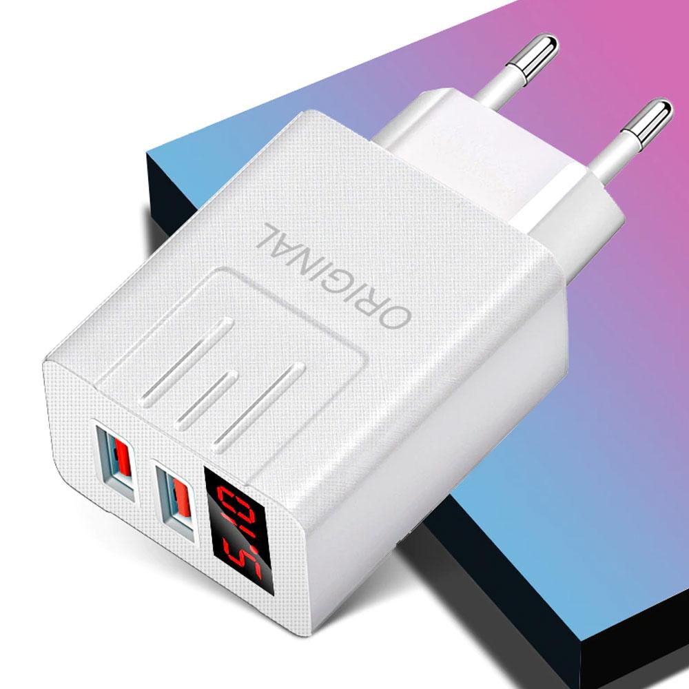 Зарядний пристрій адаптер на 2 USB та LED дисплеєм, 220В,QC03 5740 / Швидка зарядка для телефону