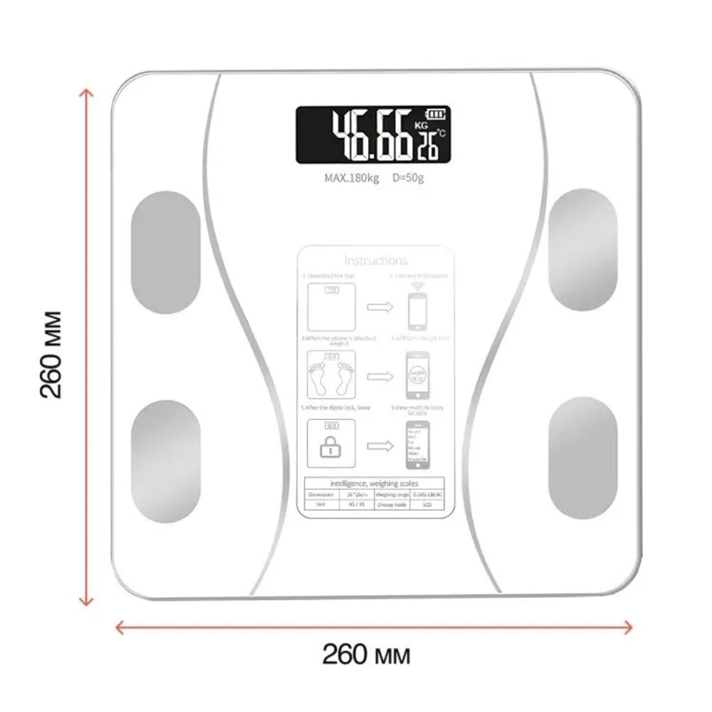 Ваги розумні підлоги Bluetooth до 180 кг A-8003, Білі / Електронні смарт фітнес ваги з додатком