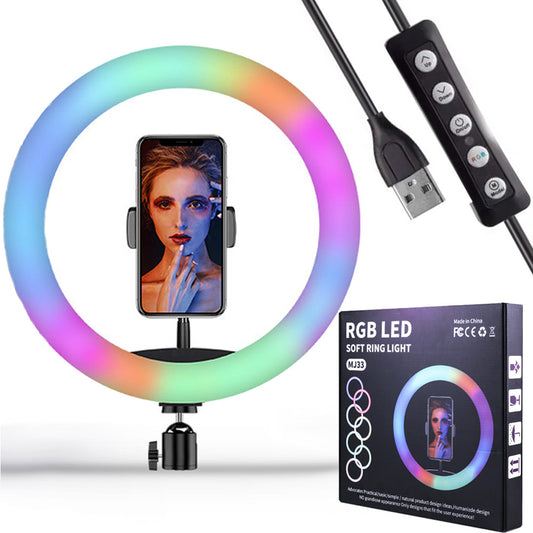 Кільцева лампа RGB, 33см, з тримачем для телефону MJ33 / Різнокольорова лампа кільце / LED лампа для фото