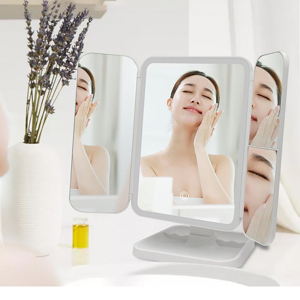 Косметичне дзеркало з LED підсвічуванням та USB, XW 810, Біле / Потрійне дзеркало сенсорне для макіяжу