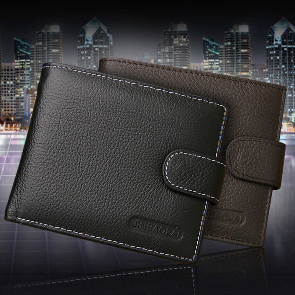 Чоловічий шкіряний гаманець Чорний, (9х11х2,5 см) Jinbaolai / Чоловічий портмоне з кнопкою