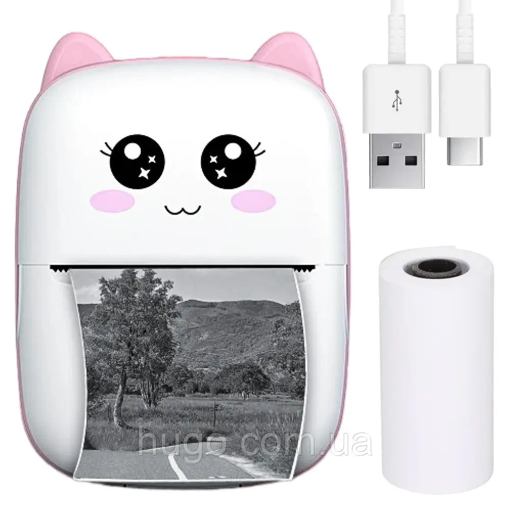 Портативний міні принтер з Bluetooth + рулон термопаперу, Рожевий / Дитячий термопринтер / Фотопринтер