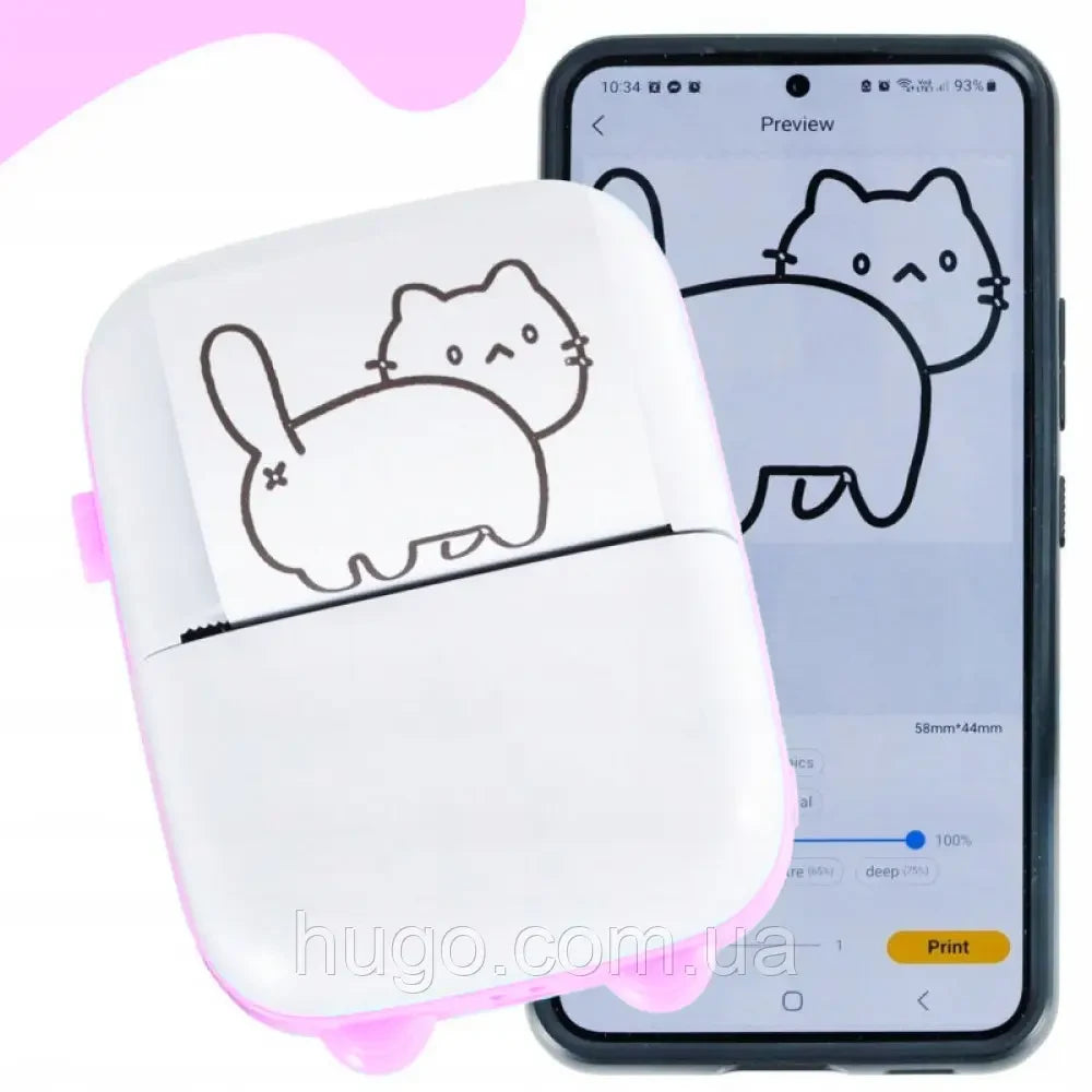 Портативний міні принтер з Bluetooth + рулон термопаперу, Рожевий / Дитячий термопринтер / Фотопринтер