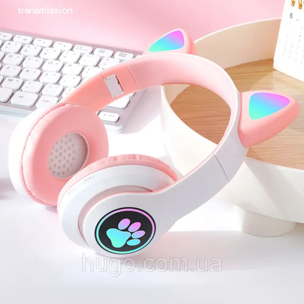 Бездротові навушники Котячі вушка VZV-23M, Рожеві / Дитячі блютуз навушники з підсвічуванням та мікрофоном