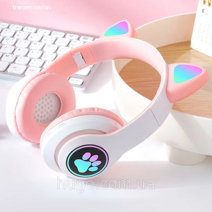 Бездротові навушники Котячі вушка VZV-23M, Рожеві / Дитячі блютуз навушники з підсвічуванням та мікрофоном
