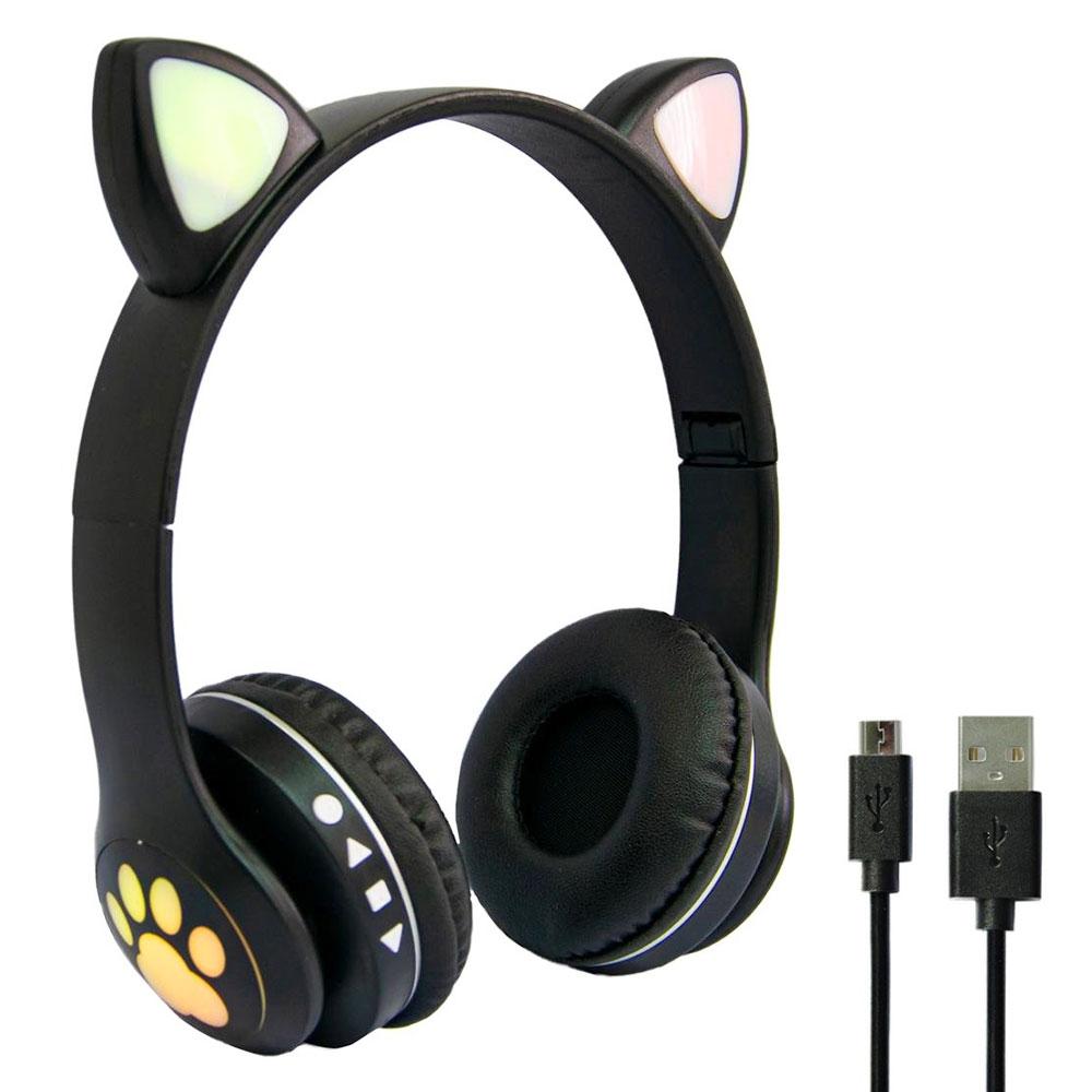 Бездротові навушники Котячі вушка VZV-23M, Чорні / Дитячі навушники з підсвічуванням та мікрофоном