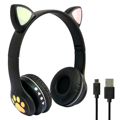 Бездротові навушники Котячі вушка VZV-23M, Чорні / Дитячі навушники з підсвічуванням та мікрофоном